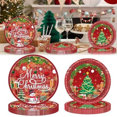 Imagem de Conjunto de pratos de papel descartáveis para festa de Feliz Natal, 40 peças, pratos redondos de Natal com tema de tijolo vermelho, prato de jantar de boneco de neve, prato de jantar de 17,8 cm, prato