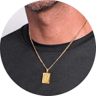 Imagem de Colar masculino com inicial, pingente de letra retangular de A a Z, corrente de aço inoxidável banhada a ouro, joia de monograma personalizada, 20in, Aço inoxidável, Sem Pedra Preciosa
