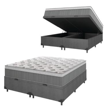 Imagem de Cama Box Baú Casal Queen Colchão Molas Ensacadas ômega 158x198x73cm Cinza / Branco