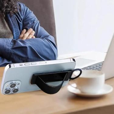 Imagem de Suporte para celular – Alça de dedo deslizante de plástico com suporte dobrável, acessório universal à prova d'água, suporte seguro e acessório de suporte de mesa (preto)