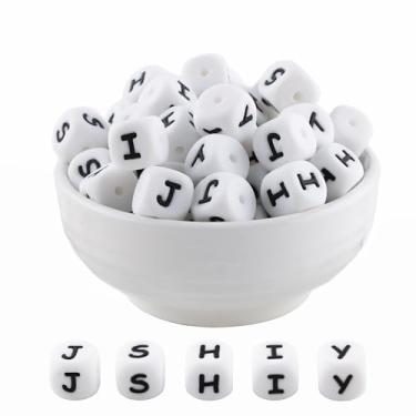 Imagem de HHCFAST Contas de silicone do alfabeto quadrado branco de 12 mm, letra J, S, H, Y, 20 peças de contas de silicone com número de coração de cubo para fabricação de chaveiros, ideal para colar, pulseira