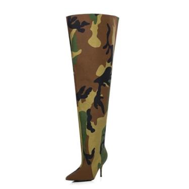 Imagem de CAGLGLZ Botas femininas de salto alto na panturrilha larga e cano alto, bico fino, preto, salto alto feminino, Camuflagem, 42