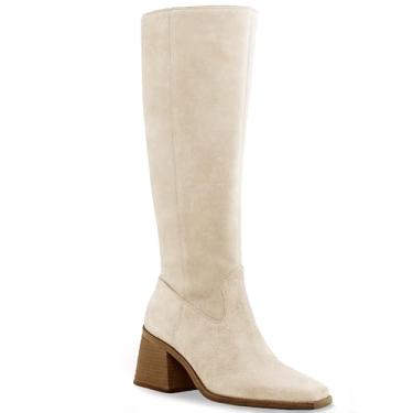 Imagem de Coutgo Bota feminina na altura do joelho, panturrilha, bico quadrado, salto grosso, sem fecho, bota, Camurça bege, 35