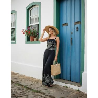 Imagem de Macacão Feminino longo alça luxo elegante lançamento estampado primave