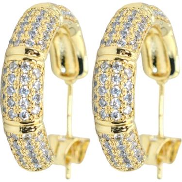 Imagem de Brincos de argola de zircônia cúbica de zircônia cúbica de 2 cm, banhados a ouro amarelo 18 k, com fecho de pressão