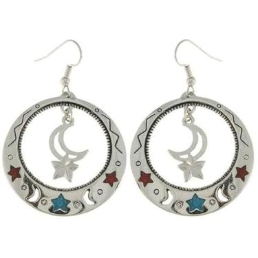 Imagem de Jewelry Trends Brincos pendentes redondos grandes de estanho lua e estrela com incrustações de pedra azul e vermelha