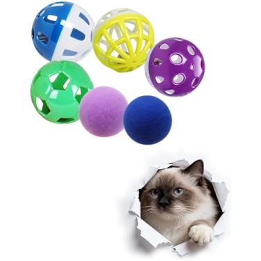 Imagem de HEUHAI Pacote com 6 brinquedos para gatos para gatinhos e gatos adultos, 4 bolas de sino e 2 bolas de pelúcia macias para brincadeiras interativas e diversão
