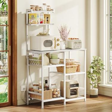 Imagem de Huuger Rack de padeiro de 80 cm com tomadas, suporte de micro-ondas de cozinha com armazenamento, barra de café com 4 ganchos, prateleiras abertas de 3 níveis de altura, branca