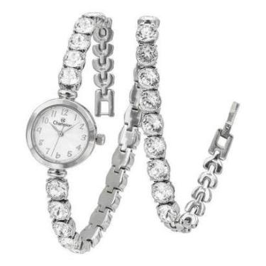Imagem de Relogio Champion Cf25081q Prata Duas Voltas Pedras Luxo Prateado Pedras Branco-Feminino