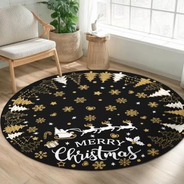 Imagem de Merry Christma Tapete redondo de 1,2 m, lavável preto dourado branco árvore de Natal tapete redondo antiderrapante floco de neve cervo tapete de pelo baixo, tapete de piso interno para sala de estar