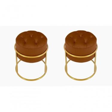 Imagem de Kit 2 Puff Banqueta Estofado Decorativo Base De Ferro Capitonê Suede Terra Cota Do Lar Móveis E Decoração