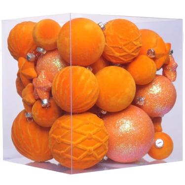 Imagem de 38 peças de enfeites de bola de Natal de veludo laranja, decorações de árvore de Natal com enfeites de papel, conjunto de decoração de Natal pendurado à prova de estilhaçamento para escritório, casa