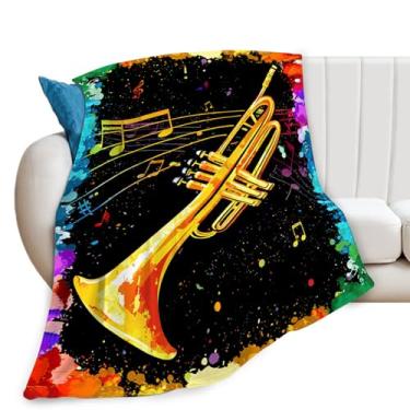 Imagem de Cobertor de trompete musical colorido para trompete instrumento musical cobertores presentes para meninas, meninos, crianças, amantes de música, pelúcia macia e aconchegante de lã para sofá-cama 127 x