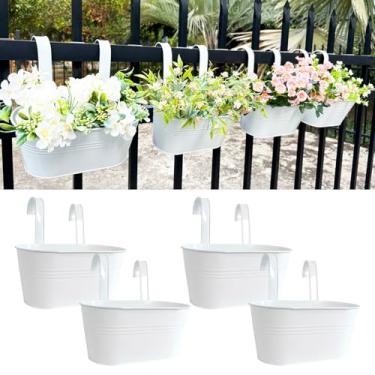Imagem de Joyfernal Vasos de flores suspensos de 25,4 cm, pacote com 4 plantadores de metal branco para varanda e pátio, vaso de cerca de trilhos com gancho removível e orifício de drenagem para plantas