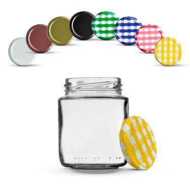 Imagem de Pote Vidro Pequeno, 12 Potes de Vidro 240ml com Tampas Metálicas E Lacres(Amarelo Xadrez)