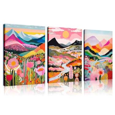 Imagem de 3 peças emolduradas boho colorido montanha parede arte abstrata aquarela paisagem pintura natureza moderna flor selvagem impressão de imagem sala de estar quarto galeria escritório pronto para