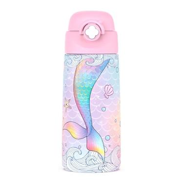 Imagem de Garrafa de água isolada para meninas com canudo pop-up coberto, copos infantis de 473 ml com aço inoxidável à prova de vazamento para escola rosa (sereia)