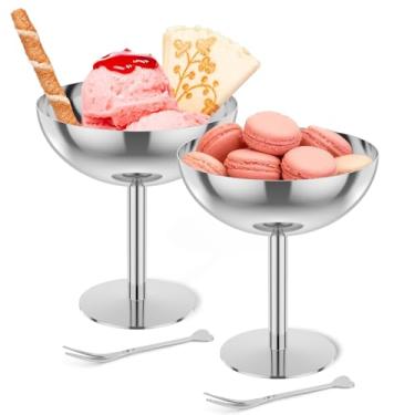 Imagem de Tcwhniev 2 tigelas de sorvete caseiras de 200 ml, copo de sobremesa de aço inoxidável 304 com 2 garfos de sobremesa para casa, hotel, restaurante, festa