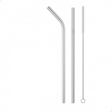 Imagem de Kit com 2 Canudos Reutilizáveis em Inox + Escova de Limpeza – Sustentável e Durável, Canudo Reto e Curvo, Livre de BPA, Higiênico, Multifuncional para Bebidas (21,5 cm)