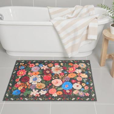 Imagem de Tapetes pretos de 61 x 43 cm, tapete de entrada para decoração de casa, tapete de porta pequeno para banheiro, tapete de banheira floral ultrafino antiderrapante para pia, chuveiro, porta, banheira e