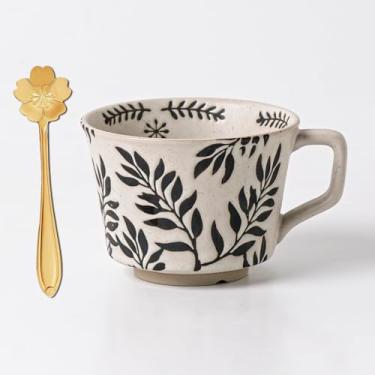 Imagem de JIGVOE Caneca de café de cerâmica feita à mão, xícara de chá fofa de 340 g com colher, canecas de café com leite para café, chá, chocolate quente, cappuccino, adequada para máquinas de lavar louça e