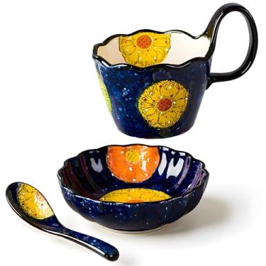 Imagem de Moqidadii Conjunto de tigelas de cerâmica pintada à mão – Caneca de sopa artística de 473 ml com alça – Pode ir ao micro-ondas e à máquina de lavar louça, cerâmica brilhante sob o esmalte – Utensílios