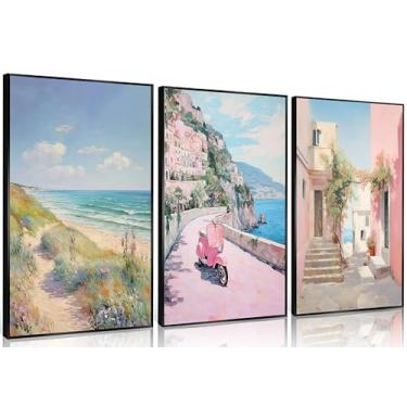 Imagem de 3 peças de arte de parede em tela pastel da Costa Amalfitana na moda rosa praia decoração de parede decoração de parede estética italiana paisagem praiana impressão arte para meninas adolescentes