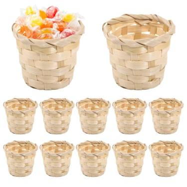 Imagem de Pacote com 12 mini cestos de tecido, caixas de armazenamento de artesanato de madeira, organização de mesa, cestas de flores redondas pequenas, 7 x 7 x 6 cm
