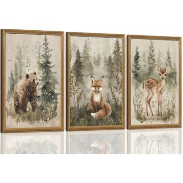Imagem de ICHZUMW Conjunto de 3 arte de parede para decoração de berçário da floresta, estampas em tela de animais da floresta com ursos raposas, pinturas em aquarela de natureza para quarto de bebê, quarto de