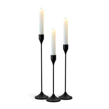 Imagem de Castiçal de metal preto de latão, castiçal vintage, suporte de vela para decoração de casamento, jantar, festa, serve para velas de 1,9 cm de espessura e velas de LED (conjunto de 3 peças)