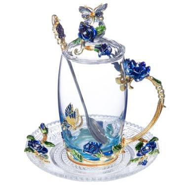 Imagem de LANTREE Canecas de café de vidro, conjunto de chávenas de chá extravagantes, borboleta, rosa, xícara de café, presentes de chá de Natal para mulheres, aniversário, dia das mães (12 ozBlueRose)