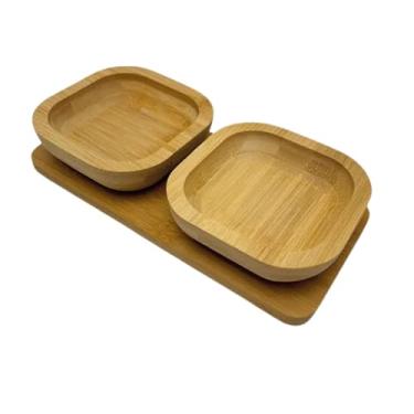 Imagem de Petisqueira de Bambu com 2 Tigelas Quadradas 8x8x3 cm – Conjunto Sustentável e Elegante para Servir Aperitivos, Molhos e Petiscos.