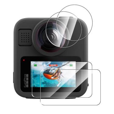 Imagem de Natbok Pacote com 2 protetores de tela compatíveis com GoPro MAX 2 + 2 protetores de lente de câmera, filme de vidro temperado de cobertura total 9H, transparente HD resistente a arranhões para