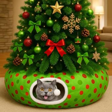 Imagem de Hollowfly Cama de túnel de Natal para gatos de 0,9 m x 0,9 m x 25 cm sob a árvore de Natal, túneis para gatos internos, túnel de rosquinha de gato verde limão, dobrável, brinquedo de pelúcia Peekaboo