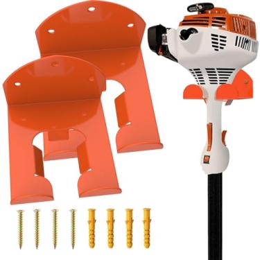 Imagem de Demimy Suporte de parede para cortador de grama calibre 10 resistente revestido a pó laranja organizador de armazenamento para garagem cabide para a maioria dos cortadores de grama com parafusos e