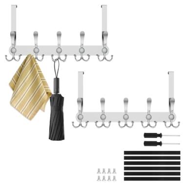 Imagem de 2 ganchos acima da porta de aço inoxidável para pendurar atrás da porta com 5 ganchos triplos cabide de toalha para quarto e casa (prata)