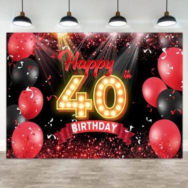 Imagem de ASDCXZ 2,1 x 1,5 m, pano de fundo de feliz aniversário de 40 anos, balões vermelhos e pretos, confetes, glitter, decoração de festa para homens, mulheres, aniversário, celebração, cabine fotográfica