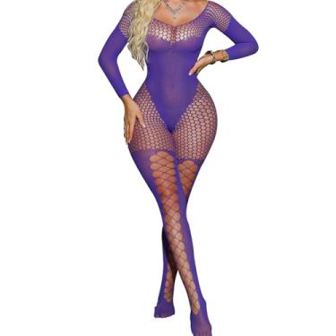 Imagem de FRENZCOY Body feminino arrastão sexy, macacão de renda de malha, body de malha de tamanho único para mulheres, Roxa, Tamanho Único
