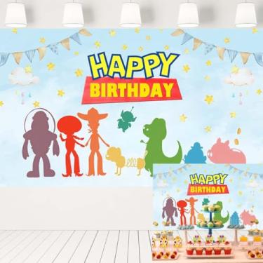 Imagem de Tema de brinquedo Happy Birthday Pano de fundo de desenho animado nuvens céu azul faixa de festa infantil para mesa de bolo 1,5 x 0,9 m 27