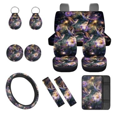 Imagem de gearider Conjunto completo de capas de assento de carro para beija-flor com capa de volante, capa de cinto de segurança, almofada de apoio de braço para console, chaveiros automotivos, porta-copos
