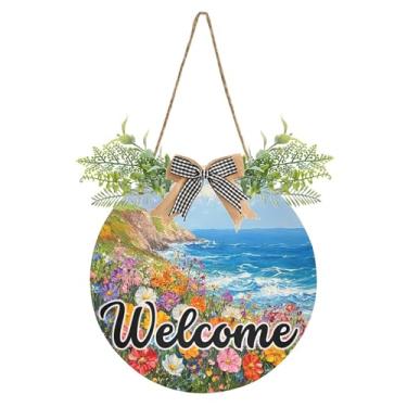 Imagem de SEHANY Placa de boas-vindas de flores e mar, decoração de porta da frente, guirlanda de boas-vindas redonda para decoração de casa de fazenda, varanda e pátio, 30 x 30 cm