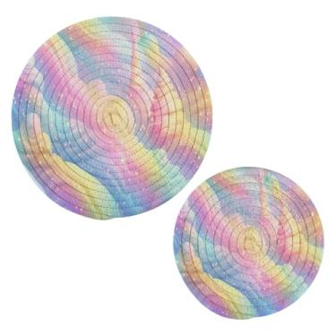 Imagem de Blueangle 2 peças de suporte de panela para sorvete arco-íris - conjunto de pegadores de panela de tecido redondo - almofadas quentes trançadas de algodão - porta-copos - tapetes de mesa para cozinhar