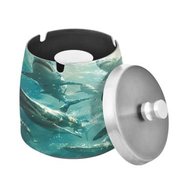 Imagem de Blueangle Cinzeiro de tubarões com tampa para cigarros, à prova de vento/chuva, aço inoxidável, sem fumaça, inodoro, cinzeiro para uso interno ou externo (529)