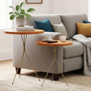 Imagem de KIT Mesinhas Laterais Redondas Pé Palito Minimalista Industrial Metal Madeira Apoio Sofá Mesa de Canto Tripé