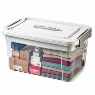 Imagem de Caixa Organizadora Multiuso 20 Litros com Tampa Branca e Travas Laterais — Corpo Transparente, Empilhável, Plástico Resistente, Ideal para Roupas, Brinquedos, Documentos e Organização Doméstica