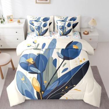 Imagem de Erosebridal Conjunto de edredom floral azul com 7 peças, solteiro, para meninas, azul e bege, para quarto de crianças, adolescentes, adultos, mulheres, moderno, minimalista, em um saco, ramos de