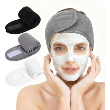 Imagem de 3 faixas de cabelo de spa para maquiagem, faixa de cabelo ajustável de tecido felpudo elástico para lavar o rosto no chuveiro, preto, branco e cinza