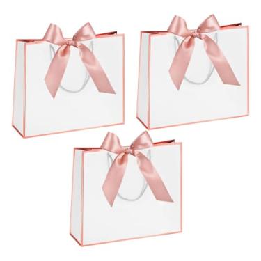 Imagem de 3 peças de sacos de presente de Natal de papel kraft com alças e fita de laço - elegante para casamento, chá de panela, aniversário, inauguração de casa, compras de férias, presente (rosa - 3 peças)