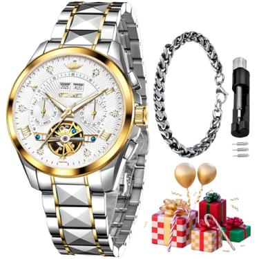 Imagem de OUPINKE Relógio masculino automático esqueleto diamante original mecânico automático relógio de pulso luxuoso para homens, G3270G: pulseira de dois tons e mostrador branco, Presente de luxo, negócios