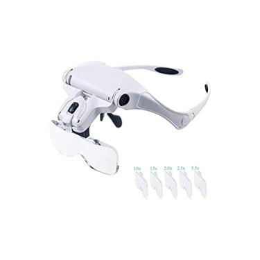Imagem de uhyOHF Lupa de faixa de cabeça, lupa iluminada para montagem na cabeça, lupa de faixa de cabeça mãos livres com luz LED zoom de 1x a 3,5x com 5 lentes destacáveis, lupa montada na cabeça para leitura